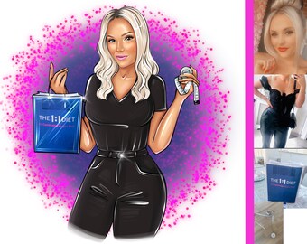 Könnte beinhalten: Eine Cartoon-Illustration einer Frau, die eine blaue Einkaufstasche mit dem Text "THE 1:1 DIET by Cambridge Weight Plan" und ein Maßband hält. Der Hintergrund ist rosa mit weißen Punkten.