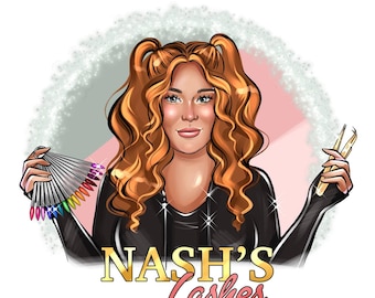 May include: Illustration of a woman with auburn hair, holding a fan of colourful nail polish samples and eyelash extension tweezers. The logo reads "NASH'S Lashes" in gold and pink lettering. The woman is wearing a black top.