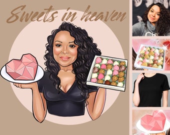 Puede incluir: Una mujer con el pelo largo y negro rizado sostiene un pastel rosa en forma de corazón y una caja de fresas cubiertas de chocolate. El texto "Sweets in Heaven" está escrito sobre su cabeza.
