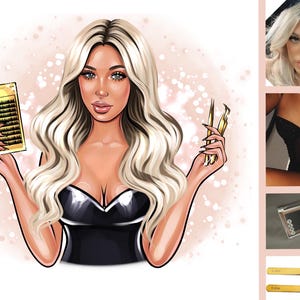 K&ouml;nnte beinhalten: Illustration einer Frau mit langen blonden Haaren, die Wimpernverl&auml;ngerungen und goldene Pinzetten h&auml;lt. Die Frau tr&auml;gt ein schwarzes Oberteil. Zus&auml;tzliche Bilder zeigen eine Frau mit blonden Haaren, ein schwarzes Oberteil und Wimpernwerkzeuge.