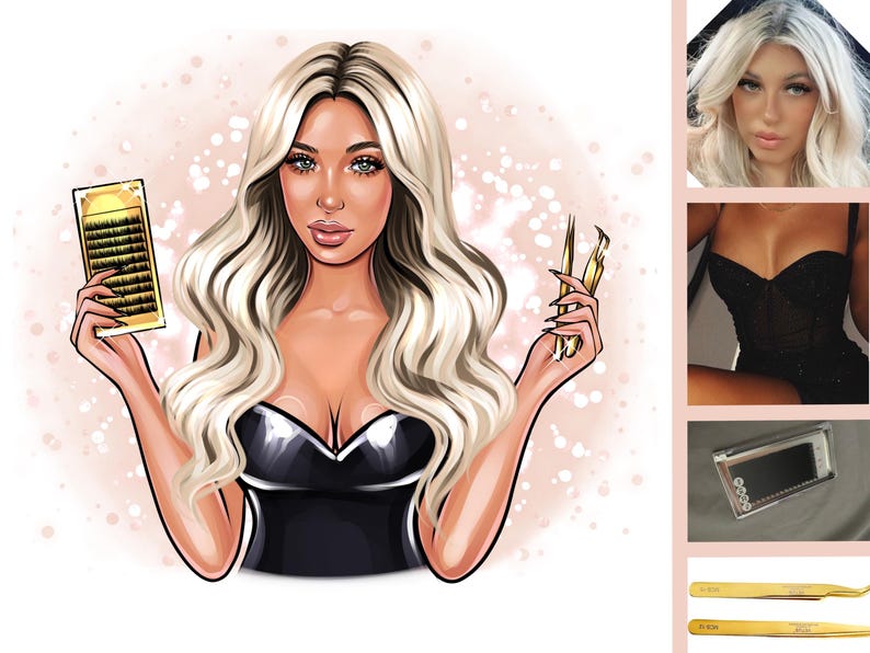 K&ouml;nnte beinhalten: Illustration einer Frau mit langen blonden Haaren, die Wimpernverl&auml;ngerungen und goldene Pinzetten h&auml;lt. Die Frau tr&auml;gt ein schwarzes Oberteil. Zus&auml;tzliche Bilder zeigen eine Frau mit blonden Haaren, ein schwarzes Oberteil und Wimpernwerkzeuge.
