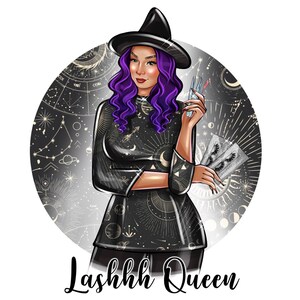 May include: Illustration of a woman with purple hair wearing a black witch hat and a black and gold patterned dress. She is holding lash extensions and a lash applicator. The background is a silver circle with a black and gold constellation pattern. The text "Lashhhh Queen" is below the circle.