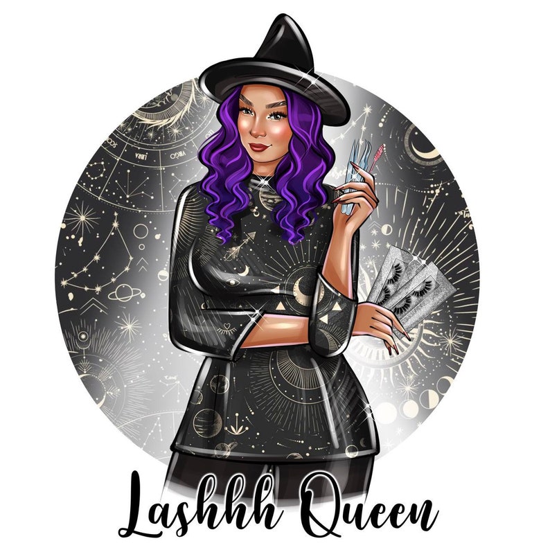 May include: Illustration of a woman with purple hair wearing a black witch hat and a black and gold patterned dress. She is holding lash extensions and a lash applicator. The background is a silver circle with a black and gold constellation pattern. The text "Lashhhh Queen" is below the circle.
