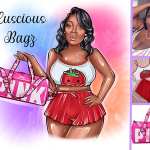 May include: Illustration of a woman holding a pink duffel bag with "PINK" printed on it. She is wearing a white crop top with a tomato design and red shorts. The text "Luscious Bagz" is at the top left.