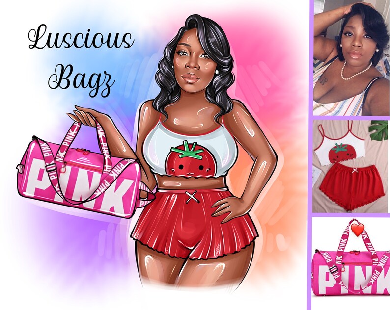 May include: Illustration of a woman holding a pink duffel bag with "PINK" printed on it. She is wearing a white crop top with a tomato design and red shorts. The text "Luscious Bagz" is at the top left.