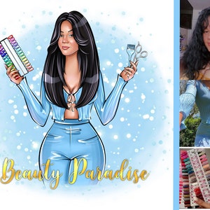 May include: A cartoon illustration of a woman with long black hair holding a colour palette of nail polish and hair cutting tools. The text "Beauty Paradise" is written below the image.