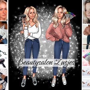 May include: Illustration of two women with blonde hair, wearing jeans and sneakers. One holds a hairdryer and scissors, the other holds a palette of nail polish colors. The text "Beautysalon Zusjes" is written across the bottom.