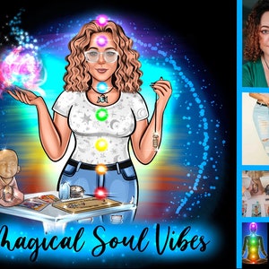 May include: A cartoon illustration of a woman with curly hair, wearing a white t-shirt with stars and a crescent moon, blue jeans, and a necklace with a pendulum. She is holding a glowing orb in her left hand and a pendulum in her right hand. The background is a blue and purple gradient with a circle of light around her. The text "Magical Soul Vibes" is at the bottom of the image.