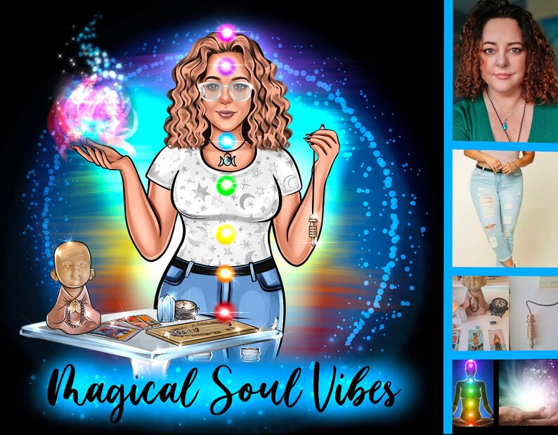 May include: A cartoon illustration of a woman with curly hair, wearing a white t-shirt with stars and a crescent moon, blue jeans, and a necklace with a pendulum. She is holding a glowing orb in her left hand and a pendulum in her right hand. The background is a blue and purple gradient with a circle of light around her. The text "Magical Soul Vibes" is at the bottom of the image.