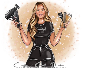 May include: A woman with long blonde hair is holding a hairdryer and a cup of coffee. She is wearing a black t-shirt with the text "Souledogat est 2019" and black trousers. The text "Southern Styles Boutique" is written below her.