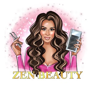K&ouml;nnte beinhalten: Illustration einer Frau mit langen, welligen braunen Haaren, die Wimpernverl&auml;ngerungswerkzeuge und eine Wimperntablett h&auml;lt. Sie tr&auml;gt ein rosa Oberteil, und die Worte "ZEN BEAUTY" stehen in goldener Schrift darunter. Der Hintergrund ist ein zartes Rosa mit wei&szlig;en Sprenkeln.