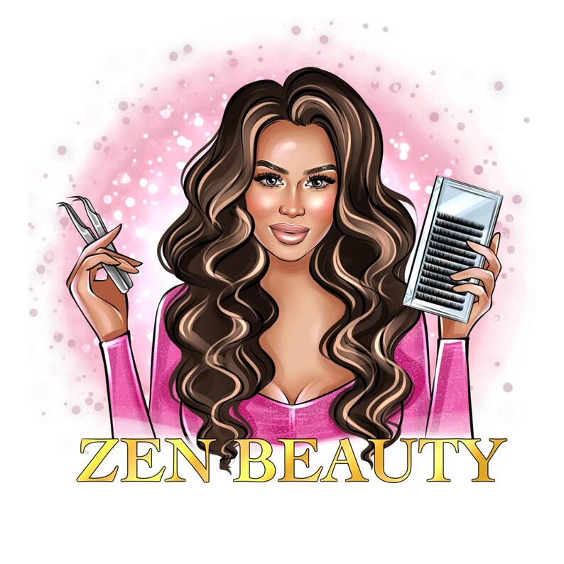 K&ouml;nnte beinhalten: Illustration einer Frau mit langen, welligen braunen Haaren, die Wimpernverl&auml;ngerungswerkzeuge und eine Wimperntablett h&auml;lt. Sie tr&auml;gt ein rosa Oberteil, und die Worte "ZEN BEAUTY" stehen in goldener Schrift darunter. Der Hintergrund ist ein zartes Rosa mit wei&szlig;en Sprenkeln.