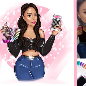 May include: A cartoon illustration of a woman with long black hair wearing a black crop top, blue jeans, and a gold belt. She is holding a fan of nail polish colours and a phone with a lash extension chart. The image also includes a photo of the woman and a set of lash extensions.