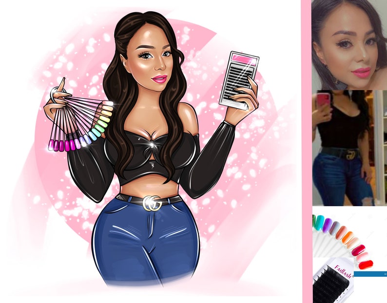 May include: A cartoon illustration of a woman with long black hair wearing a black crop top, blue jeans, and a gold belt. She is holding a fan of nail polish colours and a phone with a lash extension chart. The image also includes a photo of the woman and a set of lash extensions.