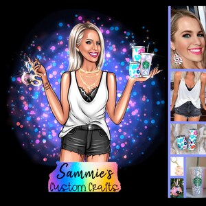 May include: Illustration of a woman holding custom drinkware and accessories. The image features a cartoon woman with blonde hair, wearing a white tank top and black shorts. The text "Sammie's Custom Crafts" is at the bottom.