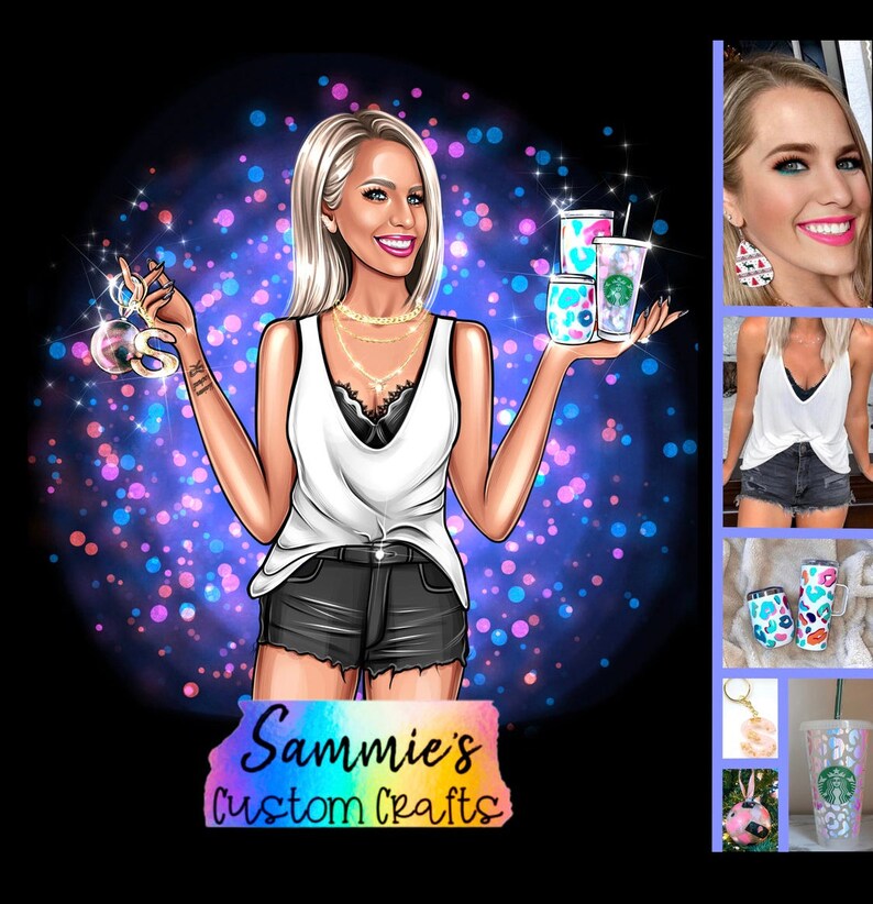 May include: Illustration of a woman holding custom drinkware and accessories. The image features a cartoon woman with blonde hair, wearing a white tank top and black shorts. The text "Sammie's Custom Crafts" is at the bottom.