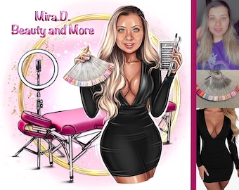 May include: A woman in a black dress is holding a nail polish color chart and a lash extension chart. She is standing in front of a pink massage table with a ring light. The text "Mira.D. Beauty and More" is written above her head.