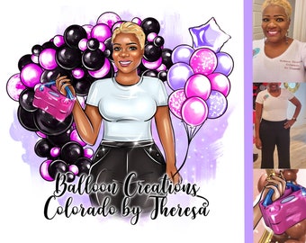 Könnte beinhalten: Eine digitale Illustration einer Frau, die eine rosa Ballonpumpe und einen Strauß rosa und lila Ballons hält. Der Text "Balloon Creations Colorado by Theresa" befindet sich am unteren Rand des Bildes.