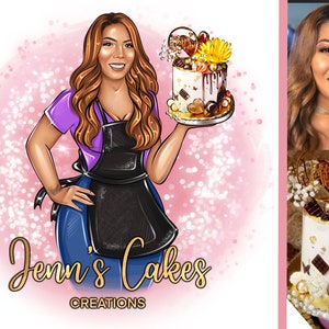 May include: A cartoon illustration of a woman holding a cake decorated with flowers, chocolate, and a "Happy Birthday" topper. The text "Jenn's Cakes Creations" is below the woman.