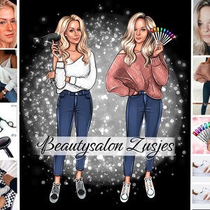 Pu&ograve; includere: Illustrazione di due donne, una con un asciugacapelli e l'altra con un ventaglio di strisce di smalto per unghie colorate. Il testo "Beautysalon Zusjes" &egrave; sotto le donne.