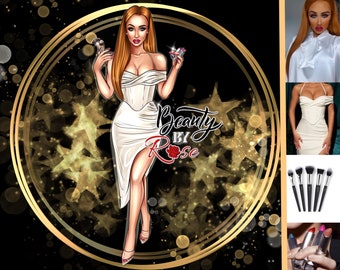 May include: A gold circle with a sparkling background and a woman in a white dress holding makeup brushes and a compact. The text "Beauty By Rose" is in the center of the circle.