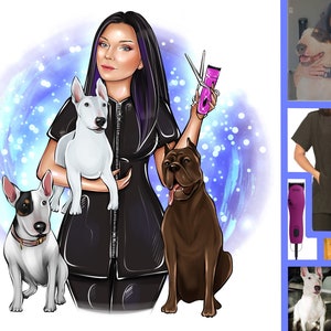 Logotipo do Pet Groomer, logotipo do criador de animais de estimação, logotipo do dog walker, logotipo dos desenhos animados, logotipo do desenho à mão, logotipo do retrato, logotipo da caricatura, logotipo comercial personalizado, logotipo do avatar