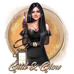 May include: Illustration of a woman in a black dress holding a pink vibrator. The image has a gold and glitter background with the words "Gild & Glow" in gold script. A small phone with a smiley face is also in the image.