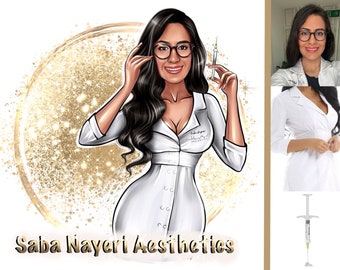 May include: A digital illustration of a woman in a white lab coat holding a syringe. The woman has long black hair and is wearing glasses. The background is a gold glitter design. The text "Saba Nayeri Aesthetics" is at the bottom of the image.