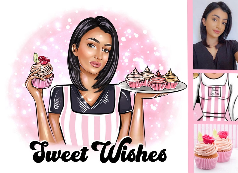 May include: A woman with long black hair is holding a cupcake and a plate of cupcakes. She is wearing a pink and white striped apron and a black shirt. The text "Sweet Wishes" is written below her.