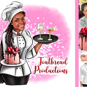 May include: A woman wearing a white chef's coat and hat holds a tray with two glasses and a plate with a pink cake topped with strawberries and chocolate. The background is pink with white polka dots. The text "Toatbread Productions" is written in red below the woman.