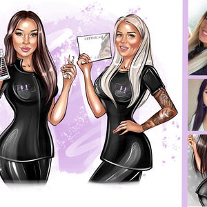 May include: Illustration of two women in black uniforms, one holding lash extensions and the other a certificate and tweezers. The women have long hair and are smiling. The background has a purple splash.