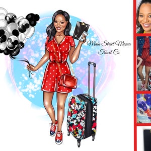 May include: Illustration of a woman in a red polka dot romper holding balloons and a travel clipboard. A rolling suitcase with a Mickey Mouse pattern is next to her. The text "Main Street Mama Travel Co" is visible.