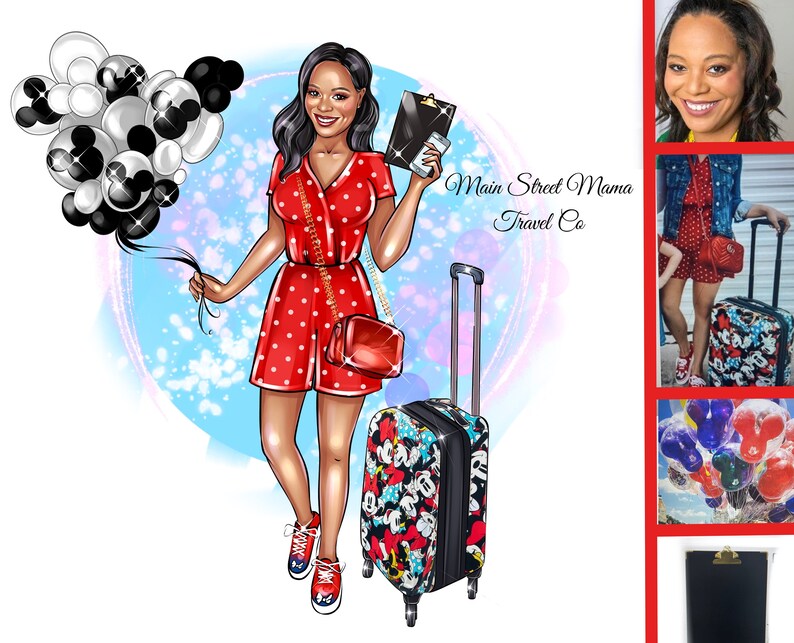 May include: Illustration of a woman in a red polka dot romper holding balloons and a travel clipboard. A rolling suitcase with a Mickey Mouse pattern is next to her. The text "Main Street Mama Travel Co" is visible.