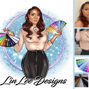 May include: A digital illustration of a woman holding color swatches. The woman is wearing a beige blouse, black pants, and has long brown hair. The text "Lin Lee Designs" is written below the image.