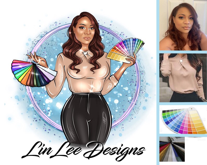 May include: A digital illustration of a woman holding color swatches. The woman is wearing a beige blouse, black pants, and has long brown hair. The text "Lin Lee Designs" is written below the image.
