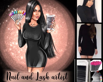 May include: A woman in a black dress holding a fan of colorful nail polish and a tray of black eyelash extensions. The text "Nail and Lash artist" is below the image.