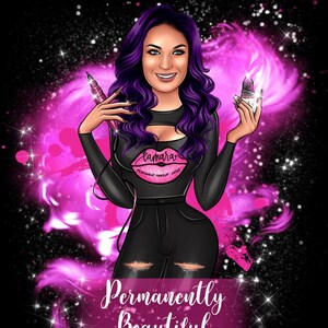 May include: Illustration of a woman with purple hair holding permanent makeup tools. She wears a black top with the name "Tamara" and the words "Permanent Makeup Artist" on it. The image has a pink and black background with the words "Permanently Beautiful".