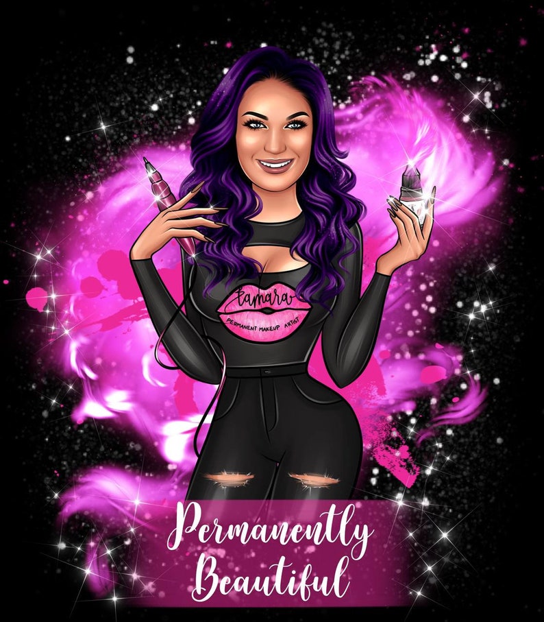 May include: Illustration of a woman with purple hair holding permanent makeup tools. She wears a black top with the name "Tamara" and the words "Permanent Makeup Artist" on it. The image has a pink and black background with the words "Permanently Beautiful".