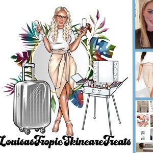 May include: Illustration of a woman with blonde hair and glasses holding skincare products, surrounded by tropical leaves. A silver suitcase and a makeup station with a mirror and cosmetics are also featured. The text "Louisas Tropic Skincare Treats" is at the bottom.