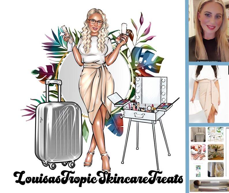 May include: Illustration of a woman with blonde hair and glasses holding skincare products, surrounded by tropical leaves. A silver suitcase and a makeup station with a mirror and cosmetics are also featured. The text "Louisas Tropic Skincare Treats" is at the bottom.