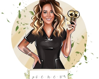 May include: Illustration of a woman with long, wavy, light brown hair, wearing a black uniform. She holds a bottle and two gold-coloured facial tools. The image includes the text "r e n e w facial studio".
