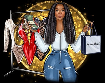May include: A woman with long black hair holds a shopping bag with the text "Karma KLoset" on it. She is standing in front of a rack of clothing, holding cash in her other hand. The background is a gold circle with sparkles.