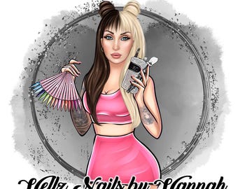 May include: Illustration of a woman with split brown and blonde hair, holding a nail color swatch fan and a nail drill. She wears a pink crop top and skirt. The image has the text "Hellz Nails by Hannah" at the bottom.