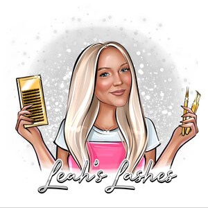 K&ouml;nnte beinhalten: Illustration einer Frau mit blondem Haar, die Wimpernverl&auml;ngerungen und Werkzeuge h&auml;lt. Sie tr&auml;gt ein wei&szlig;es T-Shirt und eine rosa Sch&uuml;rze. Der Text "Leah's Lashes" ist darunter geschrieben.
