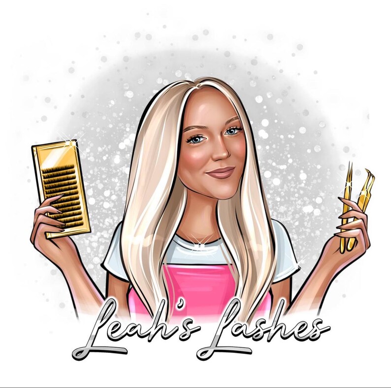 K&ouml;nnte beinhalten: Illustration einer Frau mit blondem Haar, die Wimpernverl&auml;ngerungen und Werkzeuge h&auml;lt. Sie tr&auml;gt ein wei&szlig;es T-Shirt und eine rosa Sch&uuml;rze. Der Text "Leah's Lashes" ist darunter geschrieben.
