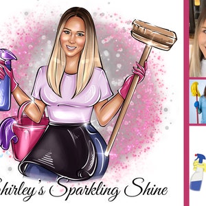 May include: A cartoon illustration of a woman holding a cleaning spray bottle, a bucket, and a mop. The text "Shirley's Sparkling Shine" is at the bottom of the image.