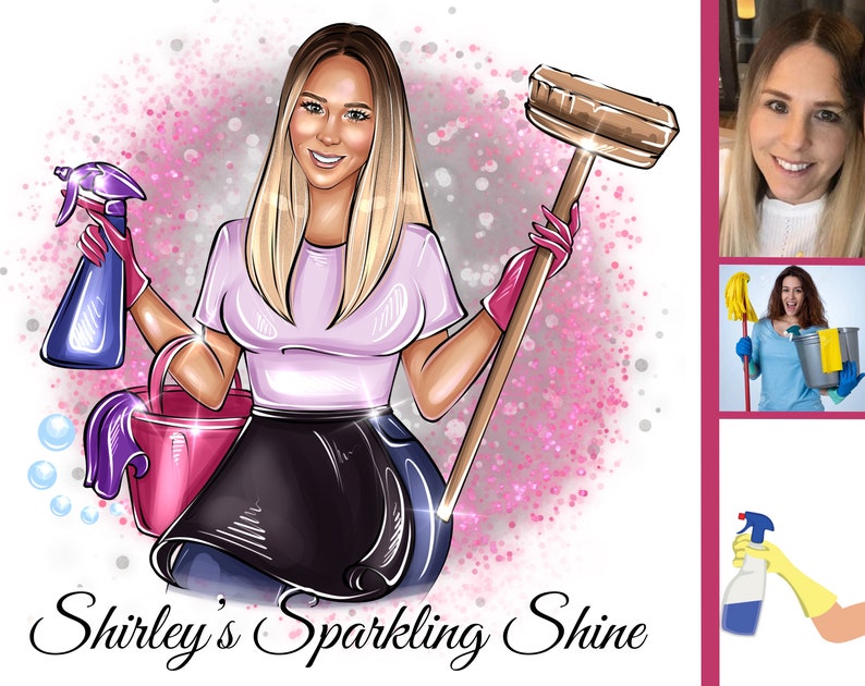 May include: A cartoon illustration of a woman holding a cleaning spray bottle, a bucket, and a mop. The text "Shirley's Sparkling Shine" is at the bottom of the image.