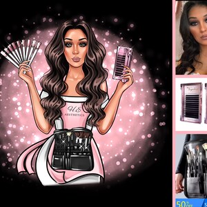 May include: A cartoon illustration of a woman holding a fan of eyelash extensions and a makeup brush set. The woman is wearing a pink and white dress with the text "H&B AESTHETICS" on the front. The image also includes a close-up of two packages of eyelash extensions and a makeup brush roll.