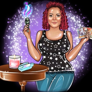 May include: A woman with red hair is holding a smudge stick and tarot cards. She is wearing a black tank top with white stars and blue jeans. There is a candle and a crystal on a wooden table in front of her.