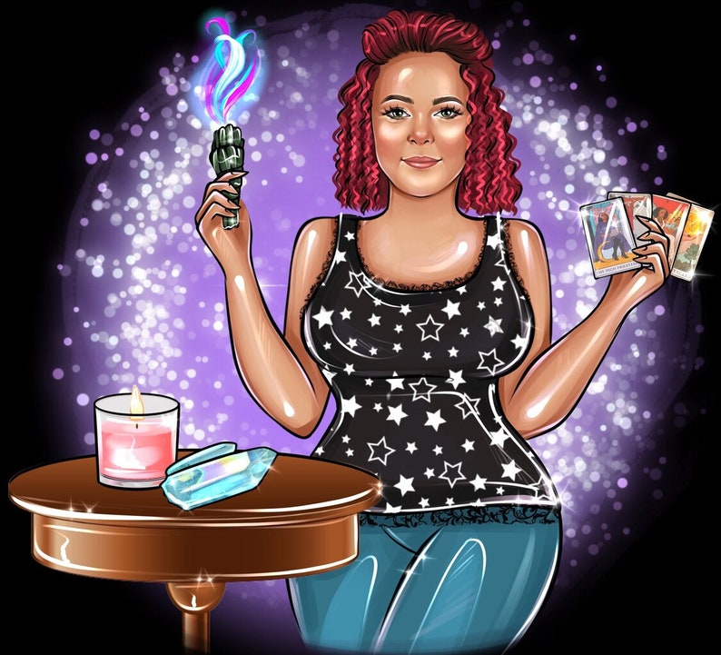 May include: A woman with red hair is holding a smudge stick and tarot cards. She is wearing a black tank top with white stars and blue jeans. There is a candle and a crystal on a wooden table in front of her.